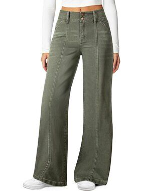 Women's Green High Waisted Stretchy Jeans Seamed Front Double Buttons Wide Leg